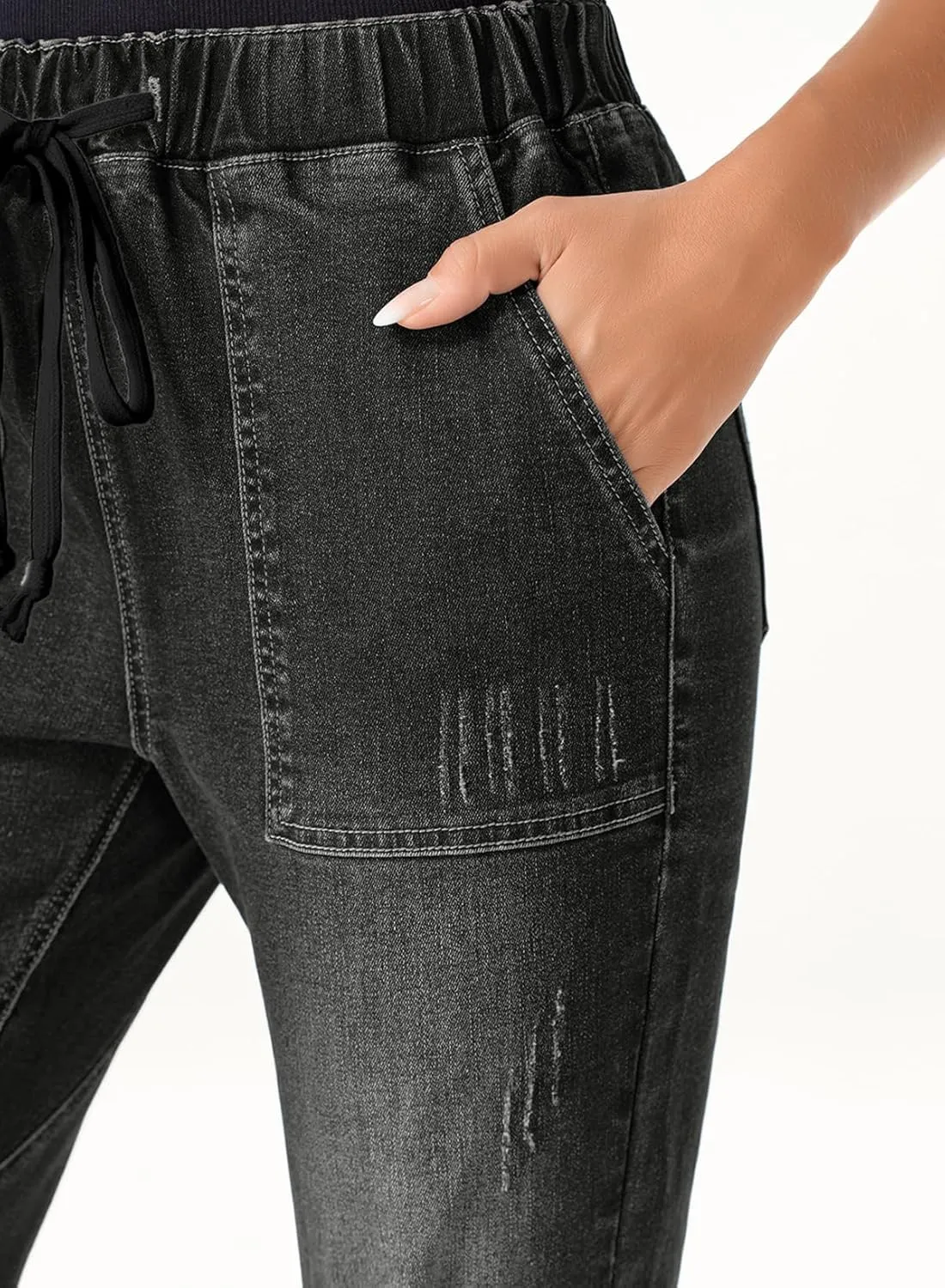 Sidefeel Womens High Waisted Drawstring Jeans Pull On Cargo Joggers Zimbaplatinum Ripped Elastic Waist Denim Pants