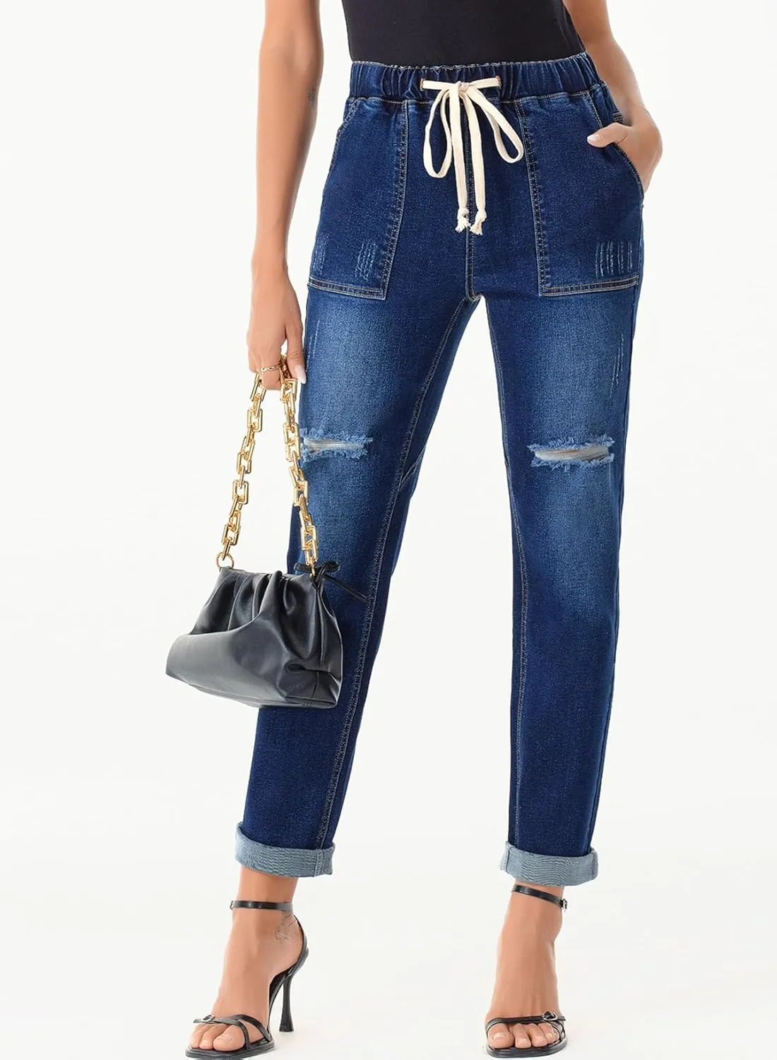 Sidefeel Womens High Waisted Drawstring Jeans Pull On Cargo Joggers Zimbaplatinum Ripped Elastic Waist Denim Pants