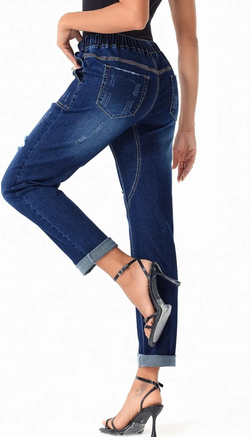 Sidefeel Womens High Waisted Drawstring Jeans Pull On Cargo Joggers Zimbaplatinum Ripped Elastic Waist Denim Pants
