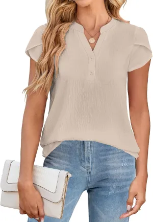 SimpleFun Womens Dressy Casual Tops Petal Short Sleeve Work Blouses Business V Neck Button Down Shirts