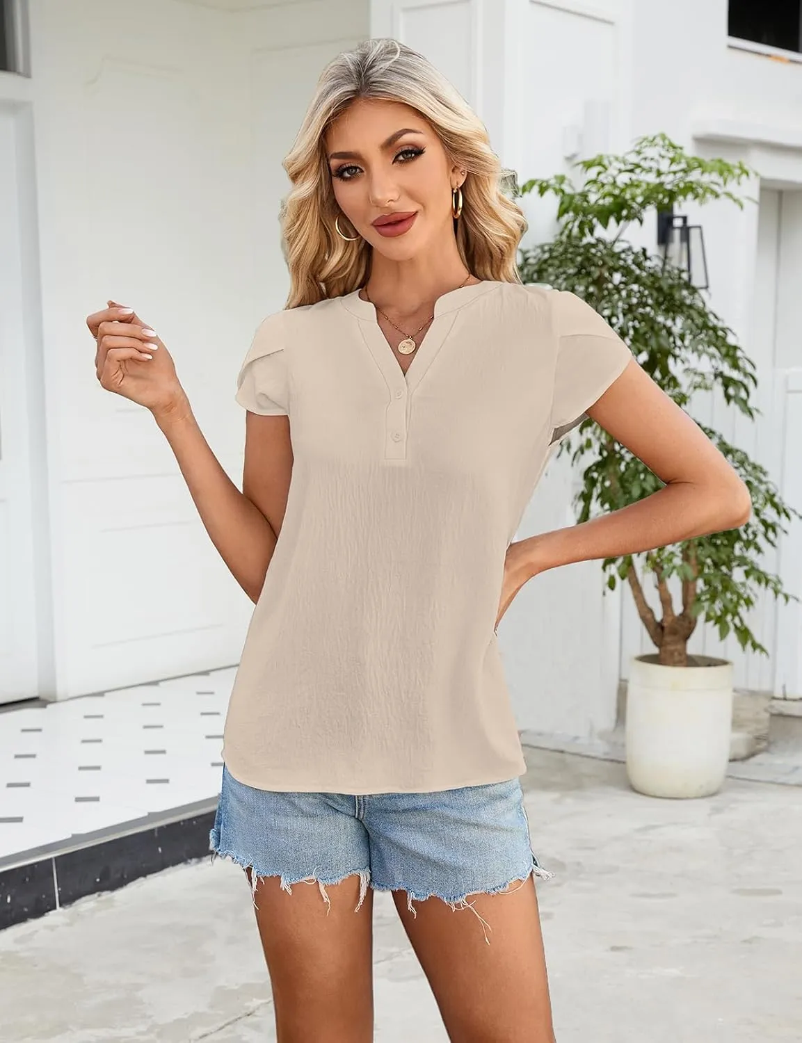 SimpleFun Womens Dressy Casual Tops Petal Short Sleeve Work Blouses Business V Neck Button Down Shirts