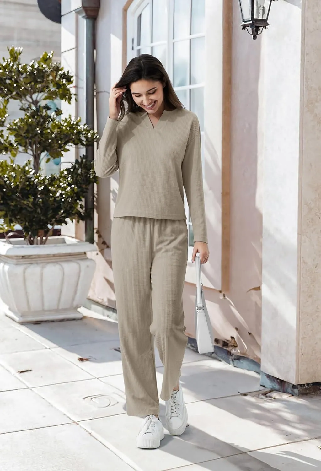 SIORO Womens Waffle Knit Pajama Sets 2 Piece Outfits for WomenLong Sleeve Top with Pants Soft Pjs Loungewear with Pockets
