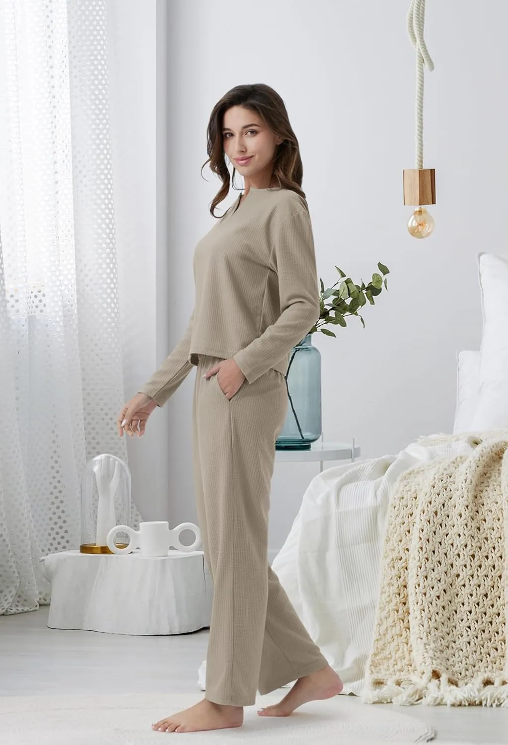 SIORO Womens Waffle Knit Pajama Sets 2 Piece Outfits for WomenLong Sleeve Top with Pants Soft Pjs Loungewear with Pockets