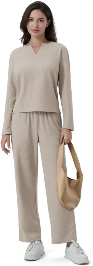 SIORO Womens Waffle Knit Pajama Sets 2 Piece Outfits for WomenLong Sleeve Top with Pants Soft Pjs Loungewear with Pockets