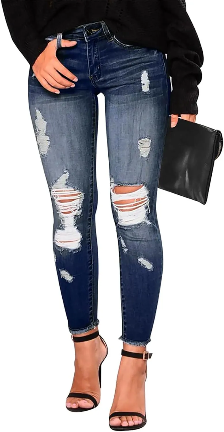 Skinny Jeans for Women Mid Rise Ripped Stretchy Jeans Pull On Dress Work Pants Tummy Control Jeggings with Pockets