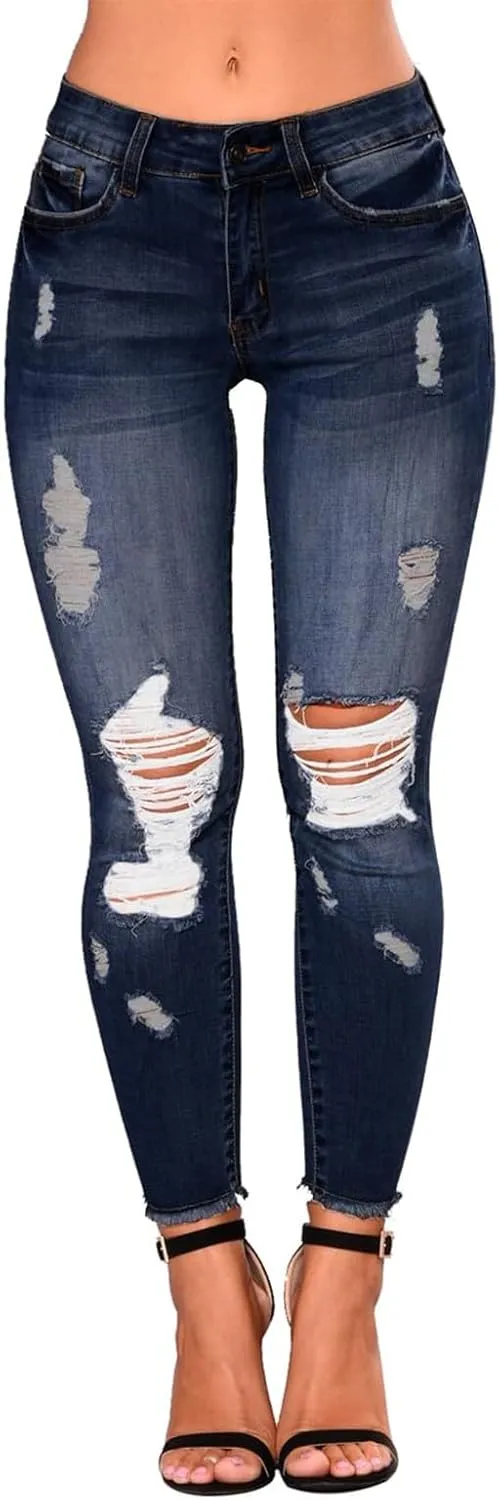 Skinny Jeans for Women Mid Rise Ripped Stretchy Jeans Pull On Dress Work Pants Tummy Control Jeggings with Pockets