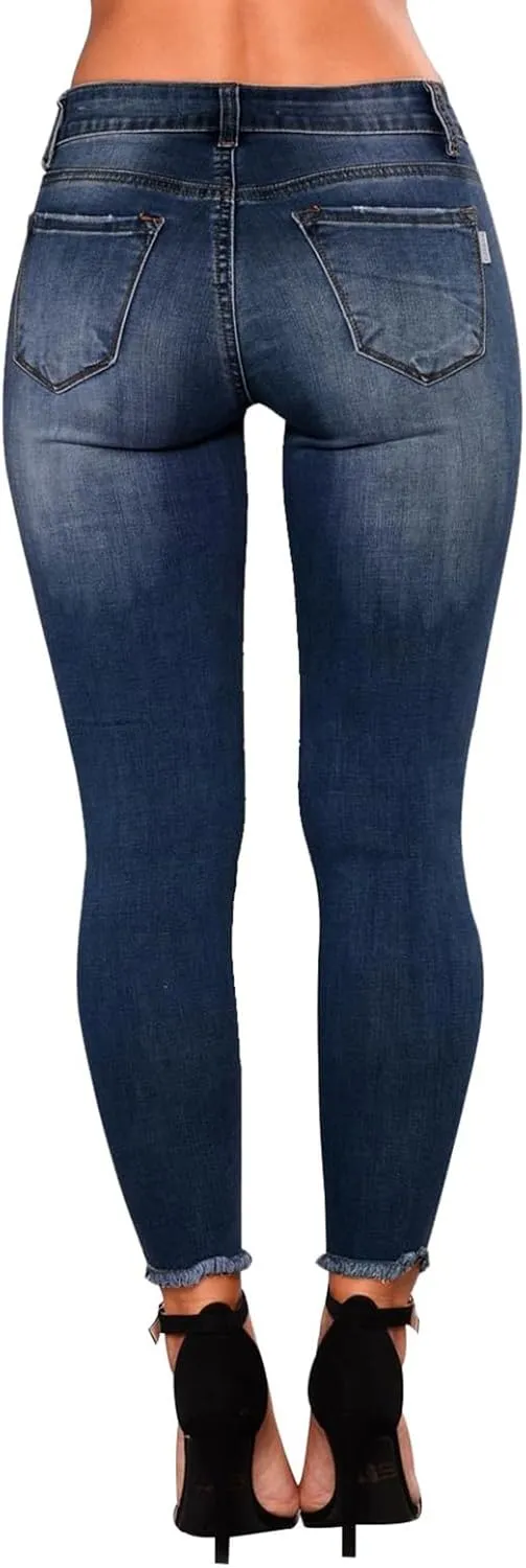 Skinny Jeans for Women Mid Rise Ripped Stretchy Jeans Pull On Dress Work Pants Tummy Control Jeggings with Pockets