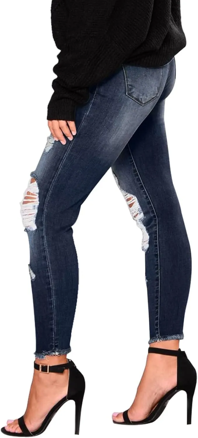 Skinny Jeans for Women Mid Rise Ripped Stretchy Jeans Pull On Dress Work Pants Tummy Control Jeggings with Pockets