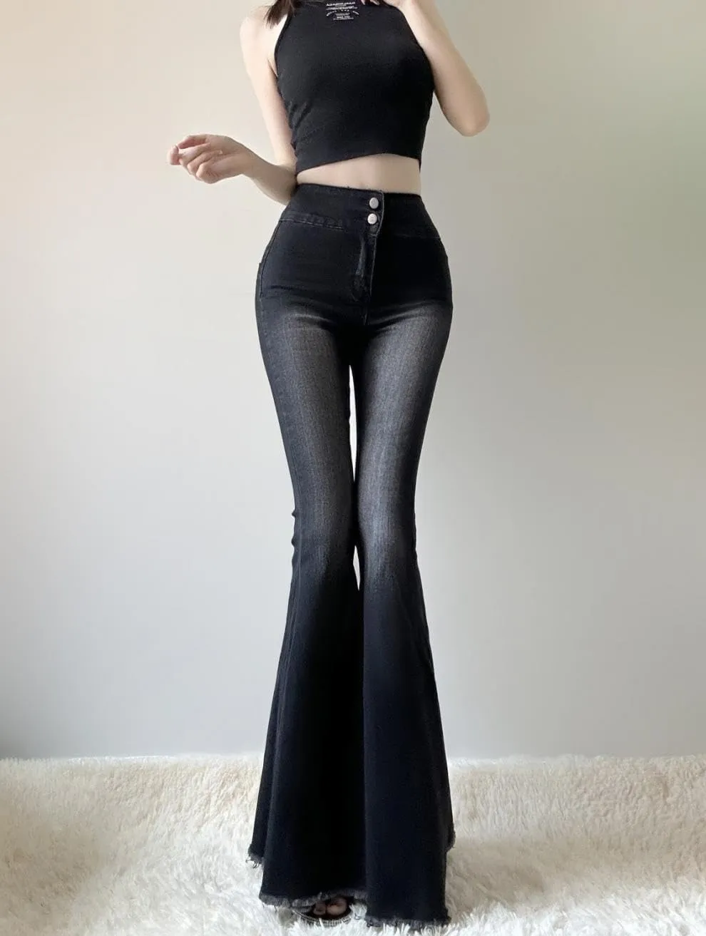 Slim High Waist Bell Bottom Jeans for Women Vintage Stretch Flare Bootcut Denim Pants with Button Fly Streetwear