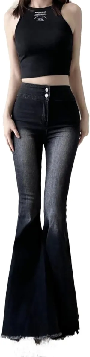 Slim High Waist Bell Bottom Jeans for Women Vintage Stretch Flare Bootcut Denim Pants with Button Fly Streetwear