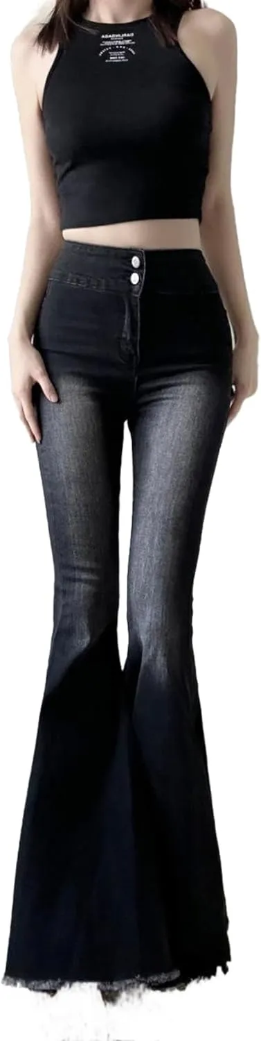 Slim High Waist Bell Bottom Jeans for Women Vintage Stretch Flare Bootcut Denim Pants with Button Fly Streetwear
