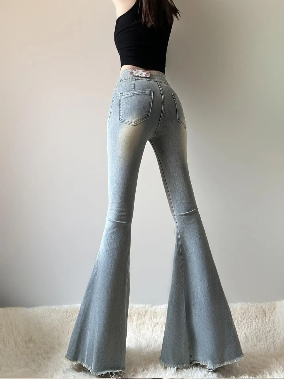 Slim High Waist Bell Bottom Jeans for Women Vintage Stretch Flare Bootcut Denim Pants with Button Fly Streetwear