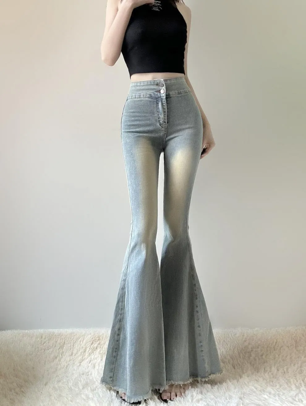 Slim High Waist Bell Bottom Jeans for Women Vintage Stretch Flare Bootcut Denim Pants with Button Fly Streetwear