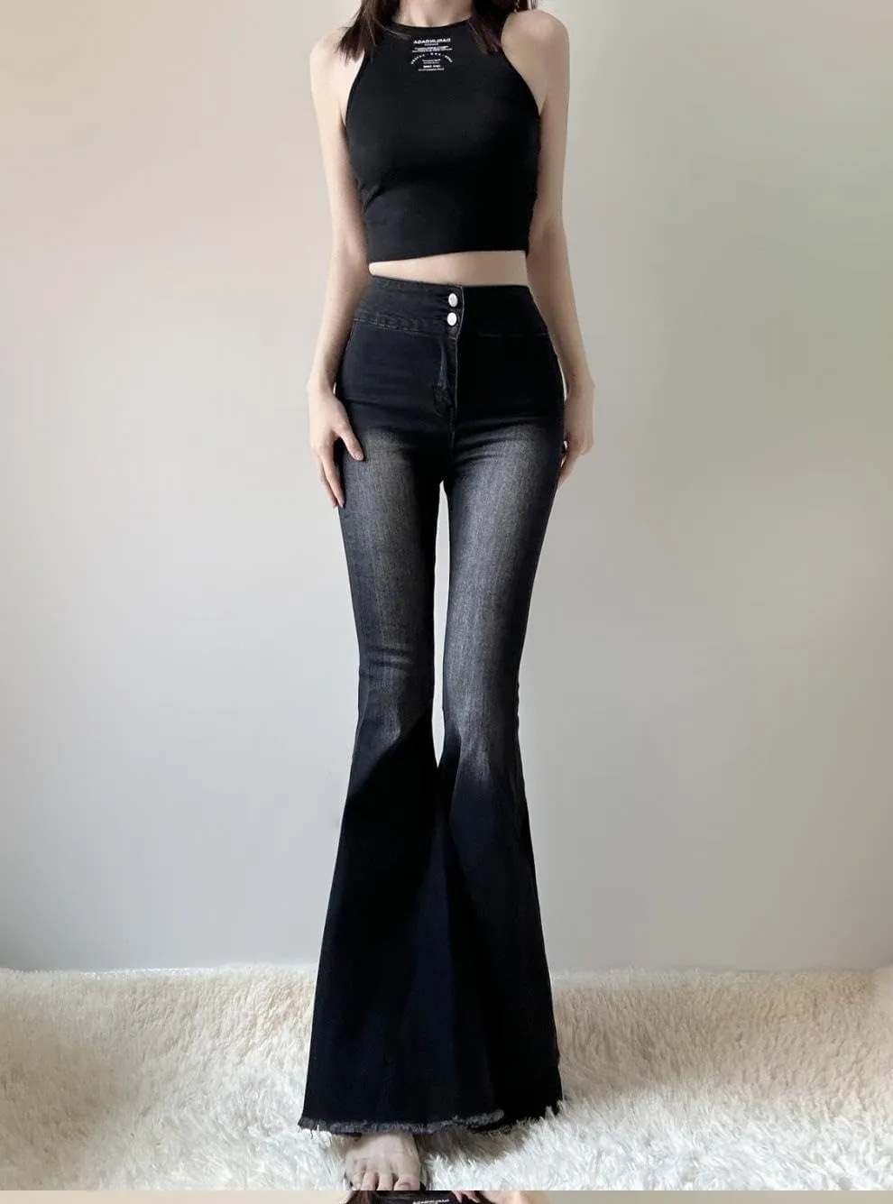 Slim High Waist Bell Bottom Jeans for Women Vintage Stretch Flare Bootcut Denim Pants with Button Fly Streetwear