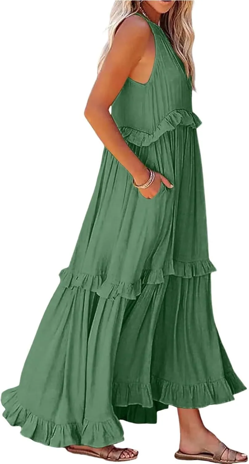 Smocked Halter Maxi Dresses for Women 2024 Summer Tiered Beach Dress Sleeveless Flowy Swing Dresses with Pockets