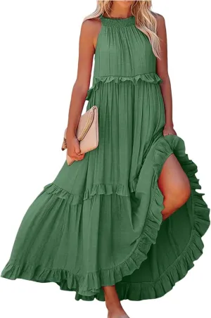 Smocked Halter Maxi Dresses for Women 2024 Summer Tiered Beach Dress Sleeveless Flowy Swing Dresses with Pockets