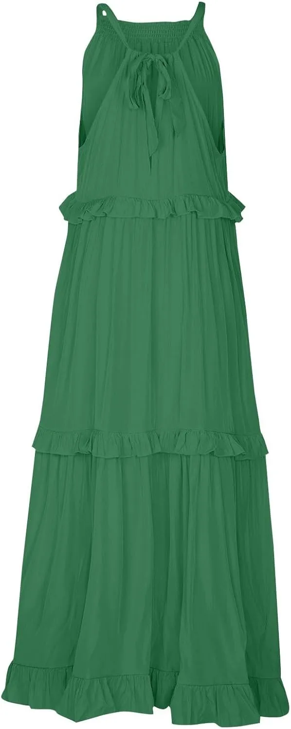 Smocked Halter Maxi Dresses for Women 2024 Summer Tiered Beach Dress Sleeveless Flowy Swing Dresses with Pockets