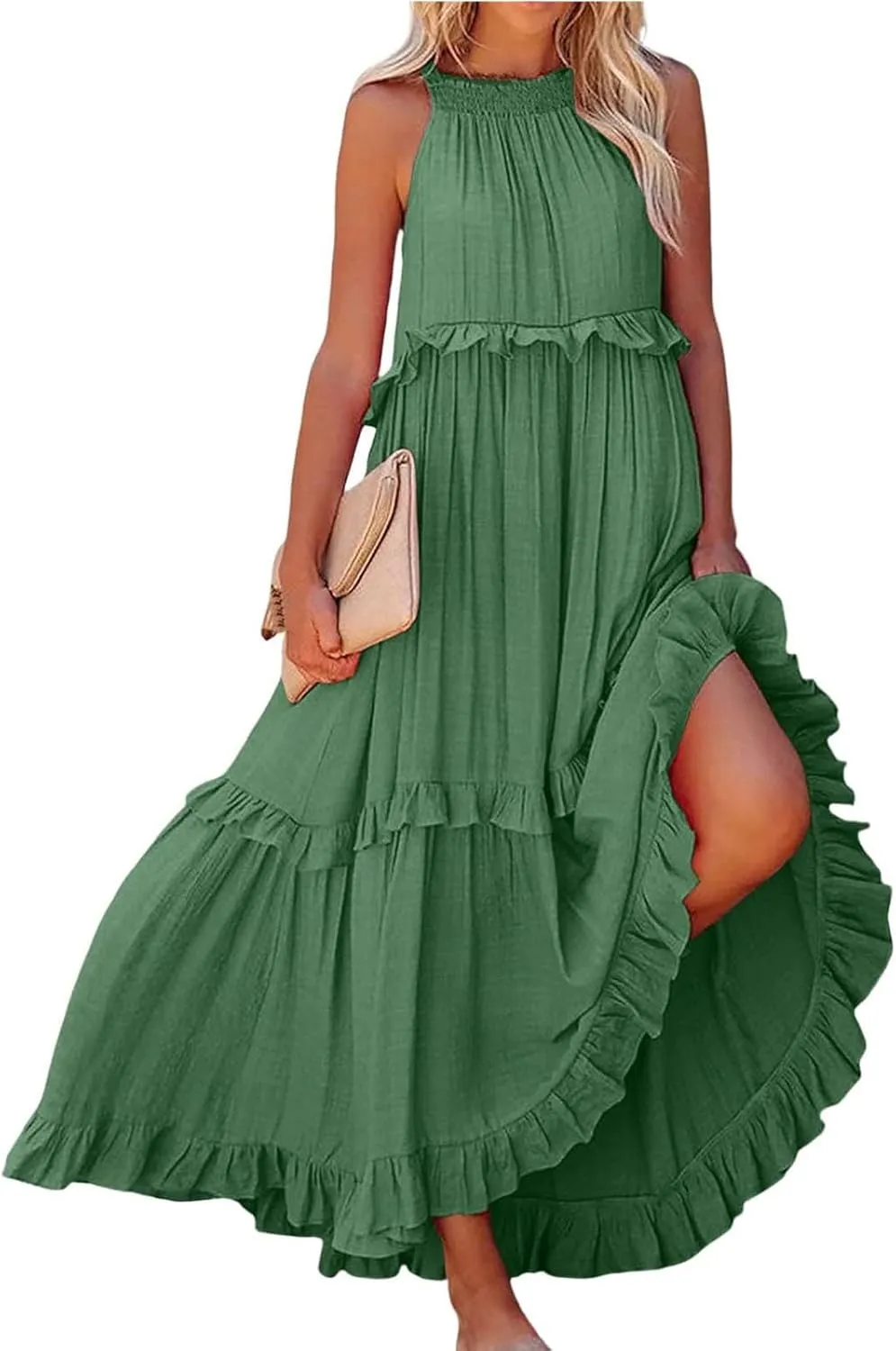Smocked Halter Maxi Dresses for Women 2024 Summer Tiered Beach Dress Sleeveless Flowy Swing Dresses with Pockets