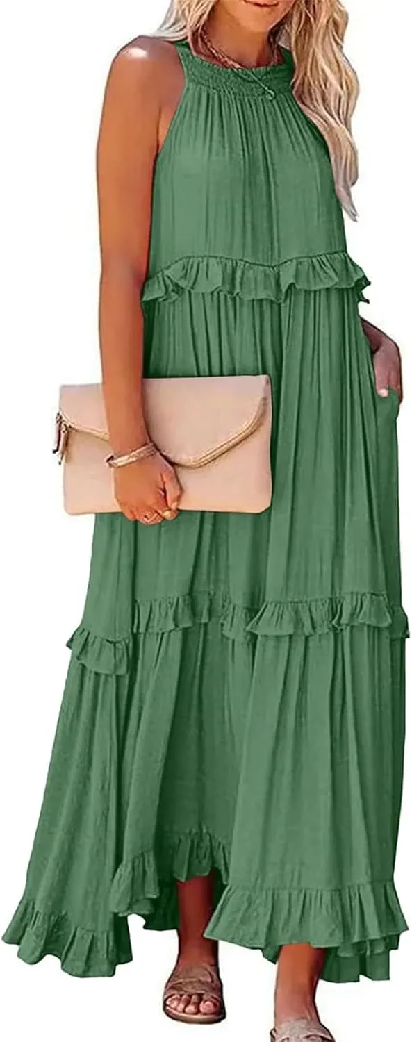 Smocked Halter Maxi Dresses for Women 2024 Summer Tiered Beach Dress Sleeveless Flowy Swing Dresses with Pockets