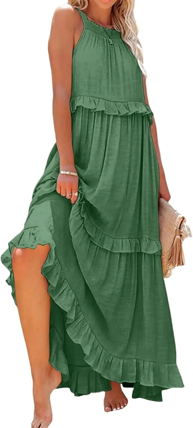 Smocked Halter Maxi Dresses for Women 2024 Summer Tiered Beach Dress Sleeveless Flowy Swing Dresses with Pockets