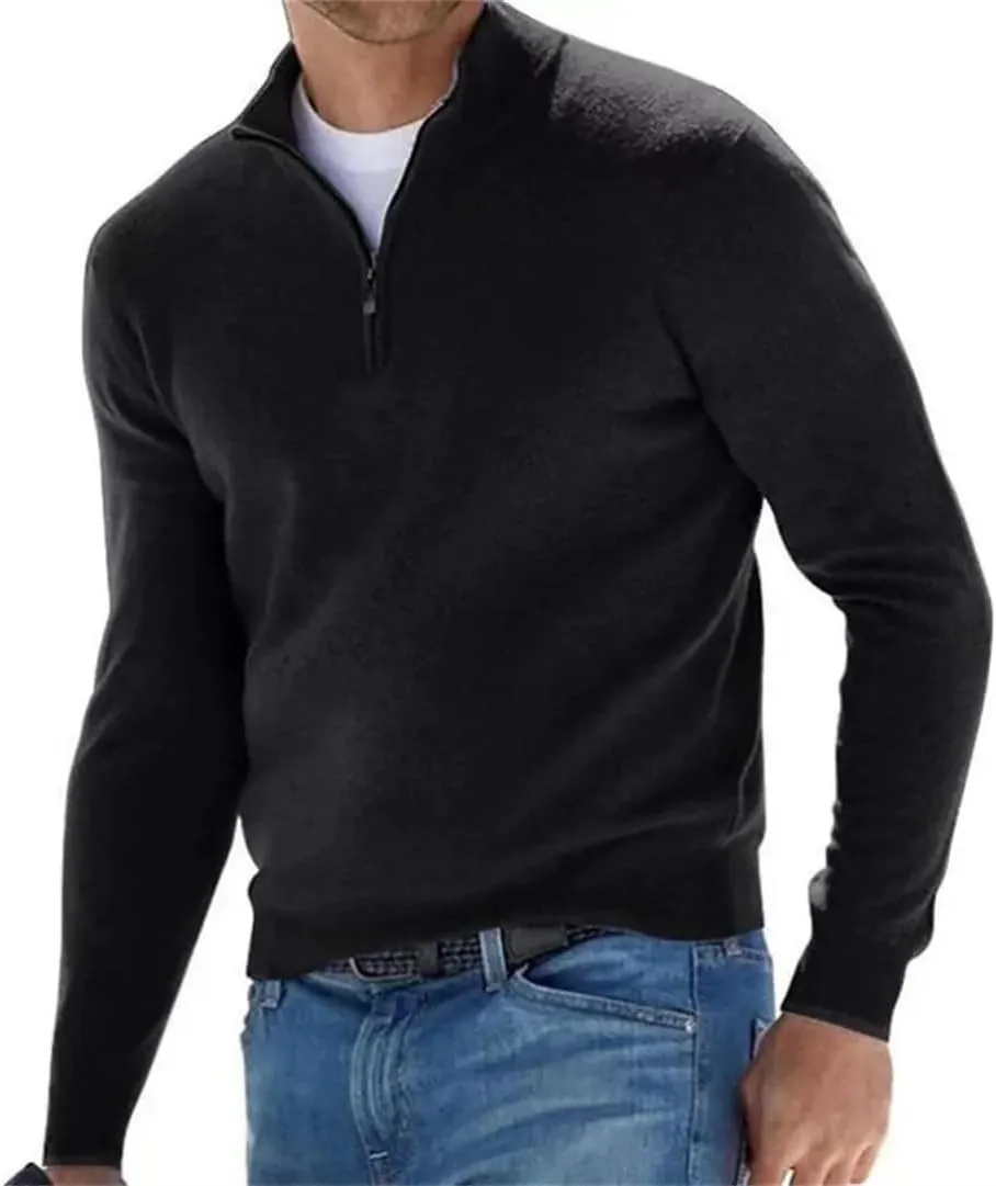 Spring and Autumn Men's Half Zipper V-Neck Knitwear Solid Casual Classics Pullover Sweater
