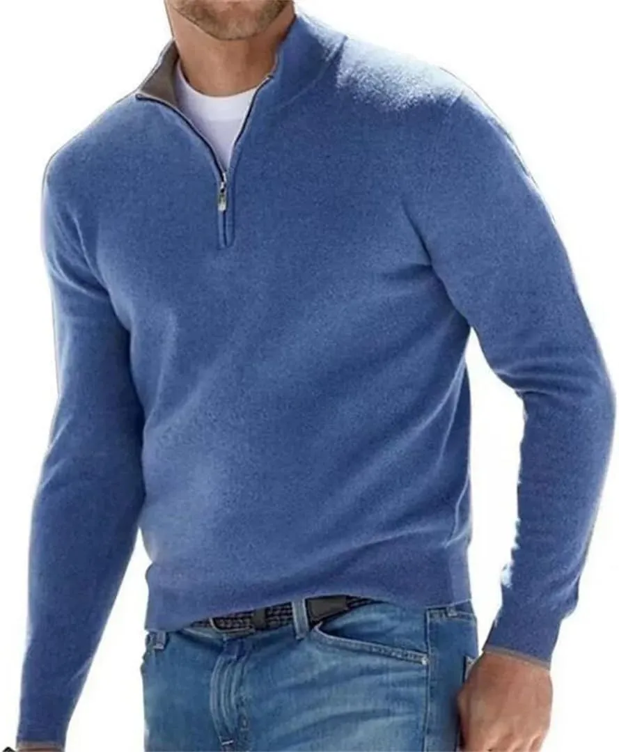 Spring and Autumn Men's Half Zipper V-Neck Knitwear Solid Casual Classics Pullover Sweater