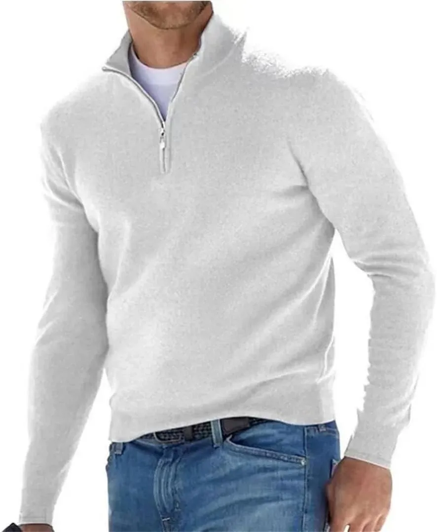 Spring and Autumn Men's Half Zipper V-Neck Knitwear Solid Casual Classics Pullover Sweater