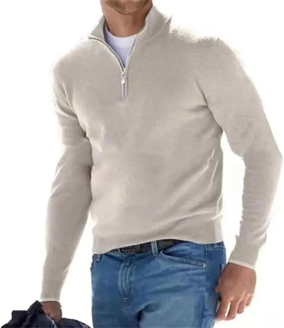 Spring and Autumn Men's Half Zipper V-Neck Knitwear Solid Casual Classics Pullover Sweater