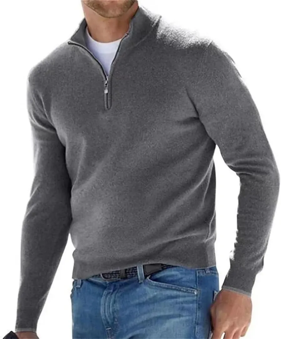 Spring and Autumn Men's Half Zipper V-Neck Knitwear Solid Casual Classics Pullover Sweater