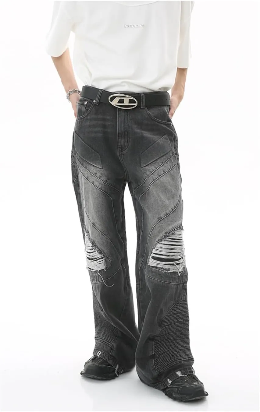 Straight Leg Ripped Jeans Y2k Retro Streetwear Pants Casual Wide Leg Parachute Pants Loose Fit Jeans Trendy Pants