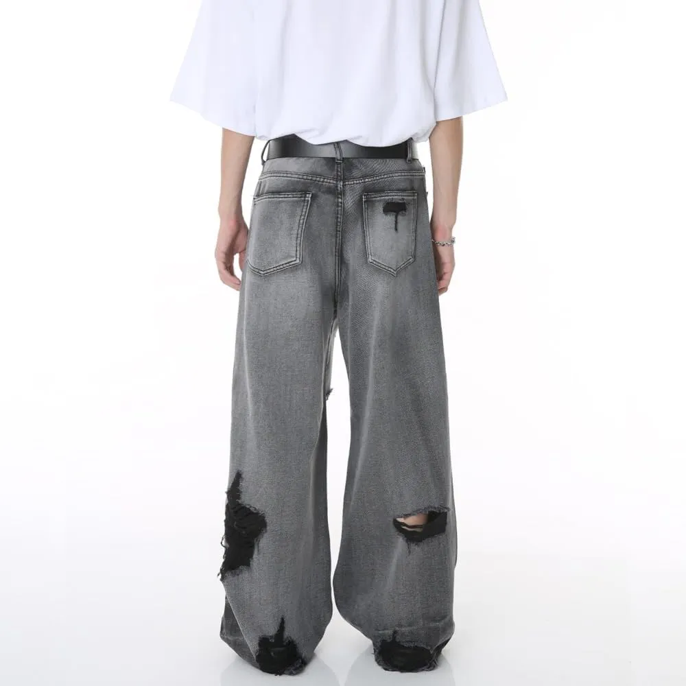 Straight Leg Ripped Jeans Y2k Retro Streetwear Pants Casual Wide Leg Parachute Pants Loose Fit Jeans Trendy Pants