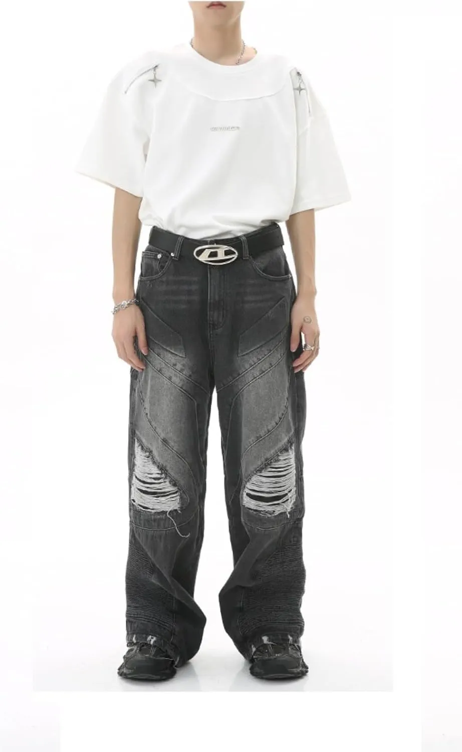 Straight Leg Ripped Jeans Y2k Retro Streetwear Pants Casual Wide Leg Parachute Pants Loose Fit Jeans Trendy Pants