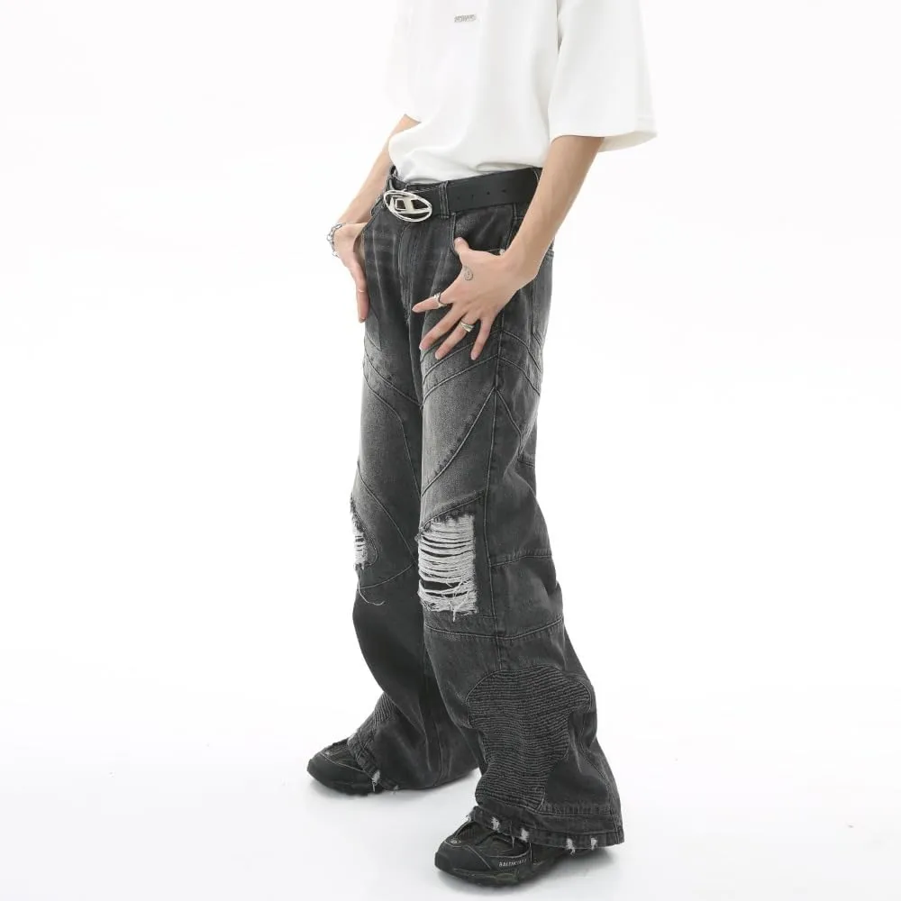 Straight Leg Ripped Jeans Y2k Retro Streetwear Pants Casual Wide Leg Parachute Pants Loose Fit Jeans Trendy Pants