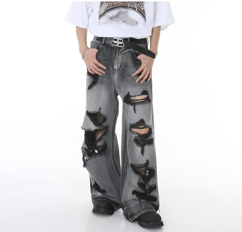 Straight Leg Ripped Jeans Y2k Retro Streetwear Pants Casual Wide Leg Parachute Pants Loose Fit Jeans Trendy Pants