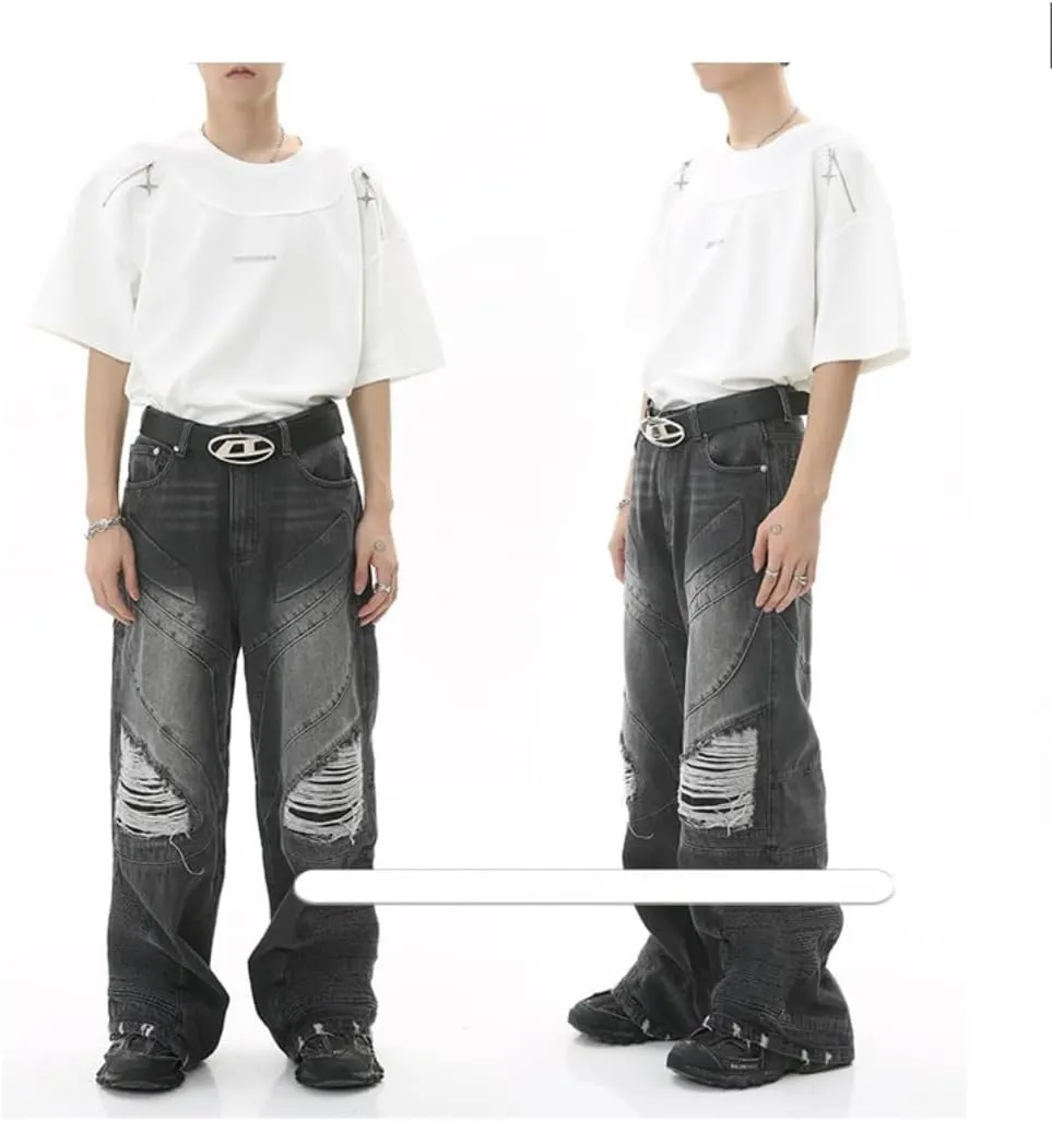Straight Leg Ripped Jeans Y2k Retro Streetwear Pants Casual Wide Leg Parachute Pants Loose Fit Jeans Trendy Pants