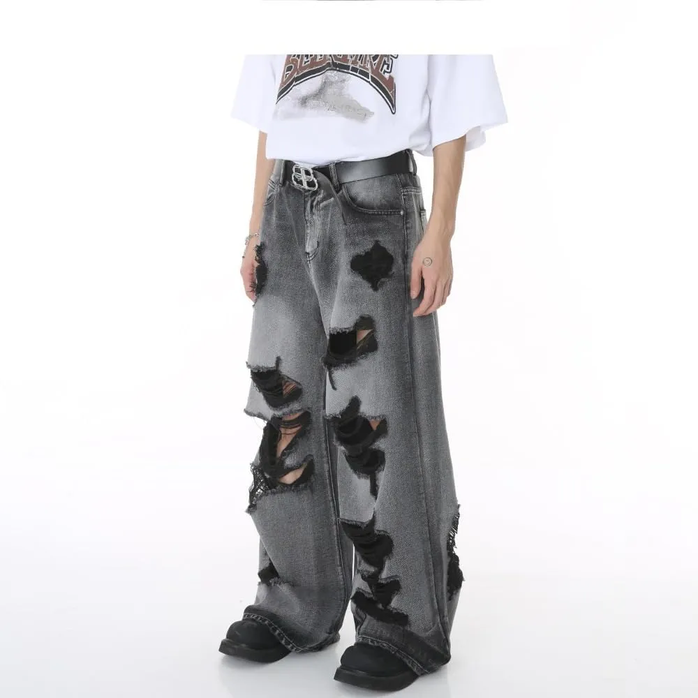 Straight Leg Ripped Jeans Y2k Retro Streetwear Pants Casual Wide Leg Parachute Pants Loose Fit Jeans Trendy Pants