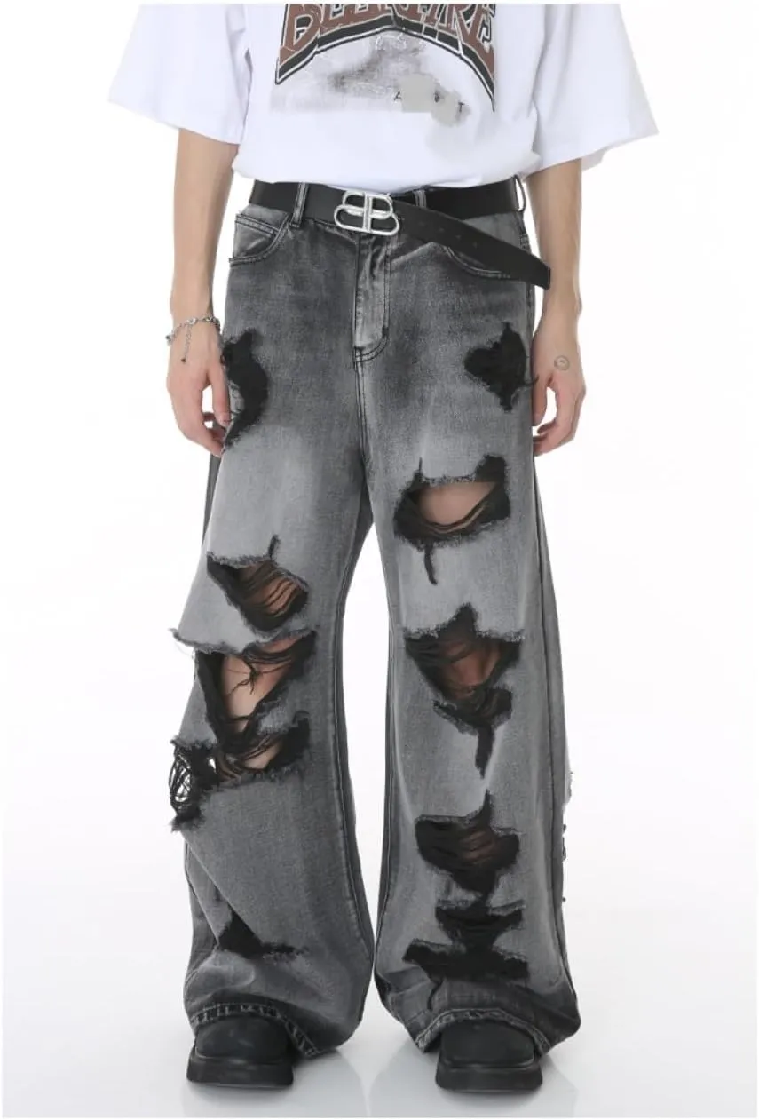 Straight Leg Ripped Jeans Y2k Retro Streetwear Pants Casual Wide Leg Parachute Pants Loose Fit Jeans Trendy Pants