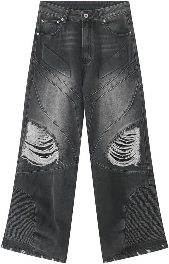 Straight Leg Ripped Jeans Y2k Retro Streetwear Pants Casual Wide Leg Parachute Pants Loose Fit Jeans Trendy Pants