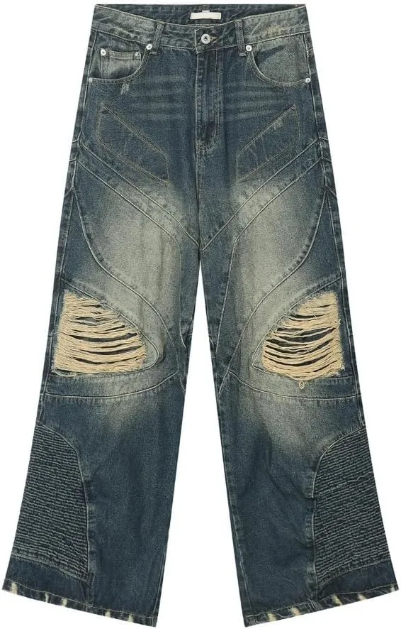 Straight Leg Ripped Jeans Y2k Retro Streetwear Pants Casual Wide Leg Parachute Pants Loose Fit Jeans Trendy Pants