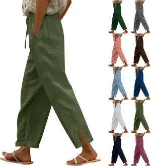 Summer Cotton Linen Pants for Women 2025 Wide Leg Cropped Lounge Trousers Drawstring Elastic Waist Beach Pant Outfits