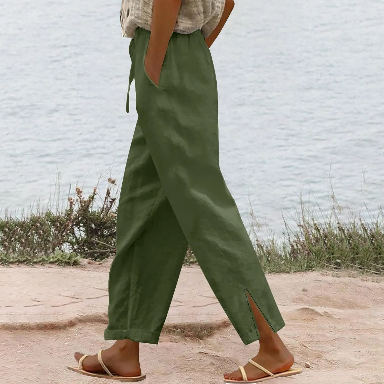 Summer Cotton Linen Pants for Women 2025 Wide Leg Cropped Lounge Trousers Drawstring Elastic Waist Beach Pant Outfits