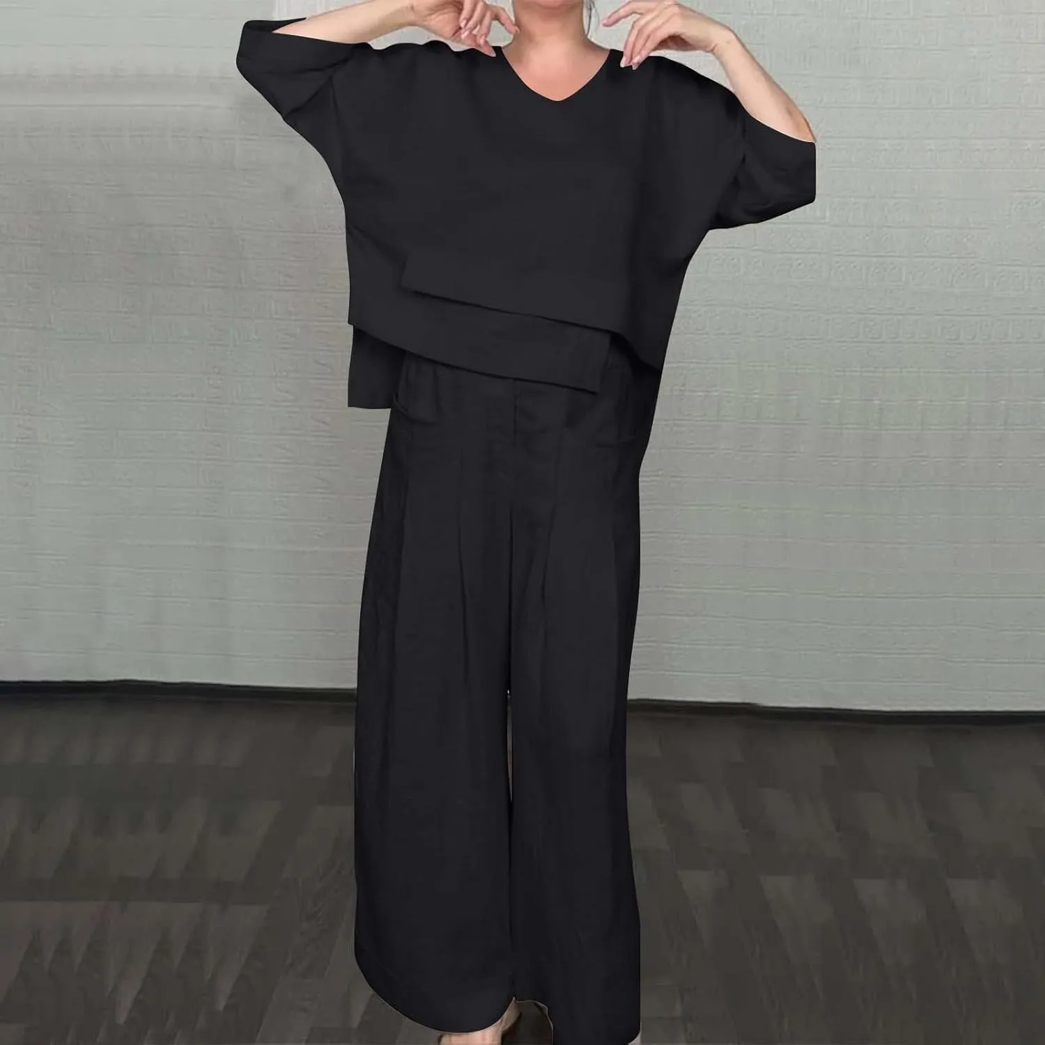 Summer Linen Sets for Women 2 Piece Linen Suit Pants Two Piece Long Sleeve Maxi Dress and Wide Leg Pant Set Outfits