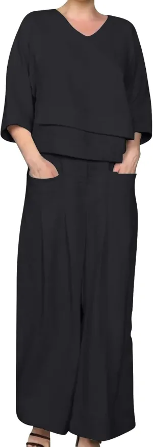 Summer Linen Sets for Women 2 Piece Linen Suit Pants Two Piece Long Sleeve Maxi Dress and Wide Leg Pant Set Outfits
