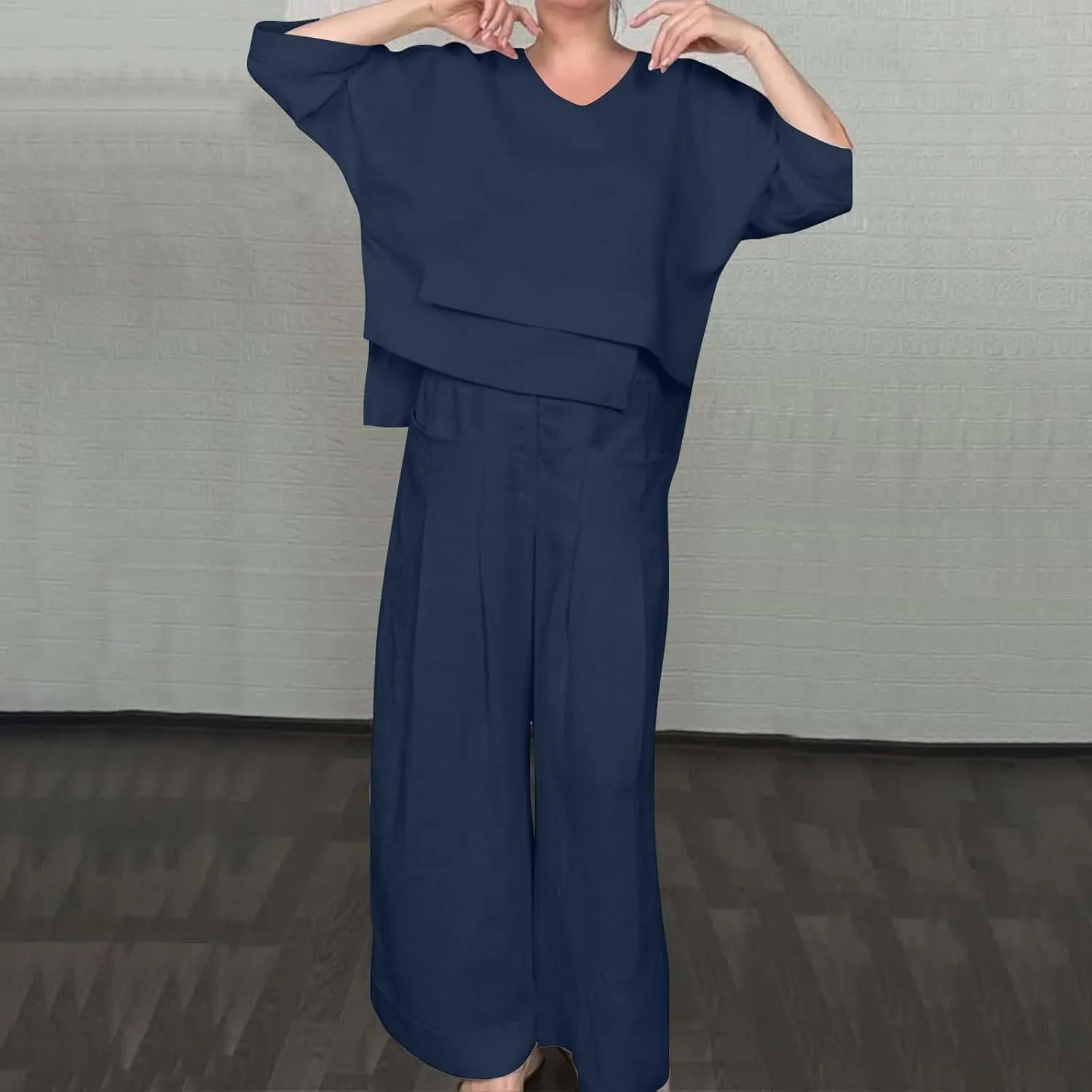 Summer Linen Sets for Women 2 Piece Linen Suit Pants Two Piece Long Sleeve Maxi Dress and Wide Leg Pant Set Outfits