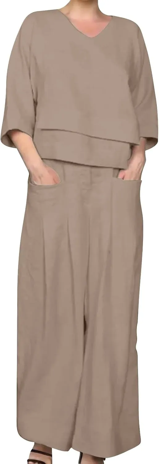 Summer Linen Sets for Women 2 Piece Linen Suit Pants Two Piece Long Sleeve Maxi Dress and Wide Leg Pant Set Outfits