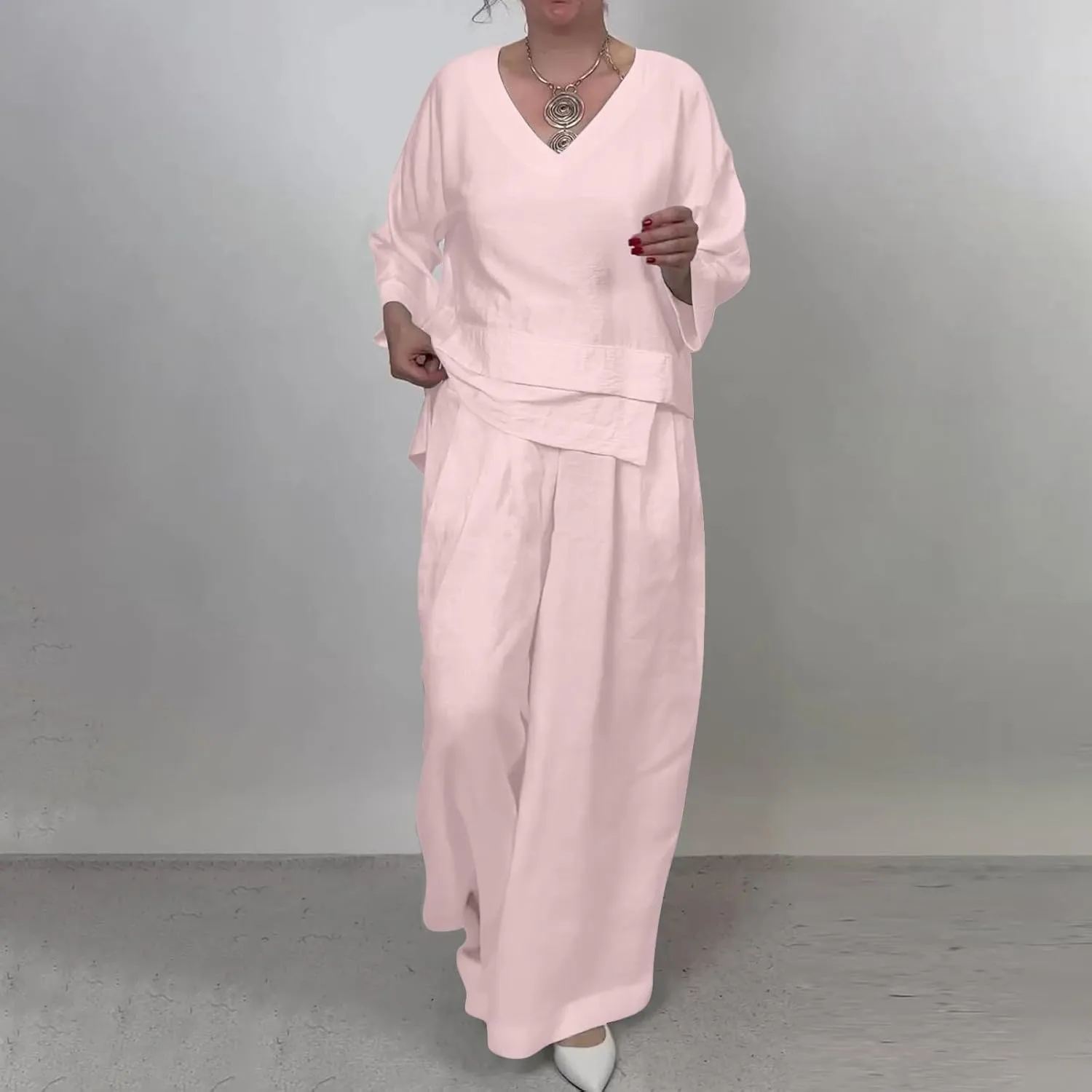 Summer Linen Sets for Women 2 Piece Linen Suit Pants Two Piece Long Sleeve Maxi Dress and Wide Leg Pant Set Outfits