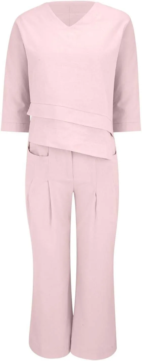 Summer Linen Sets for Women 2 Piece Linen Suit Pants Two Piece Long Sleeve Maxi Dress and Wide Leg Pant Set Outfits