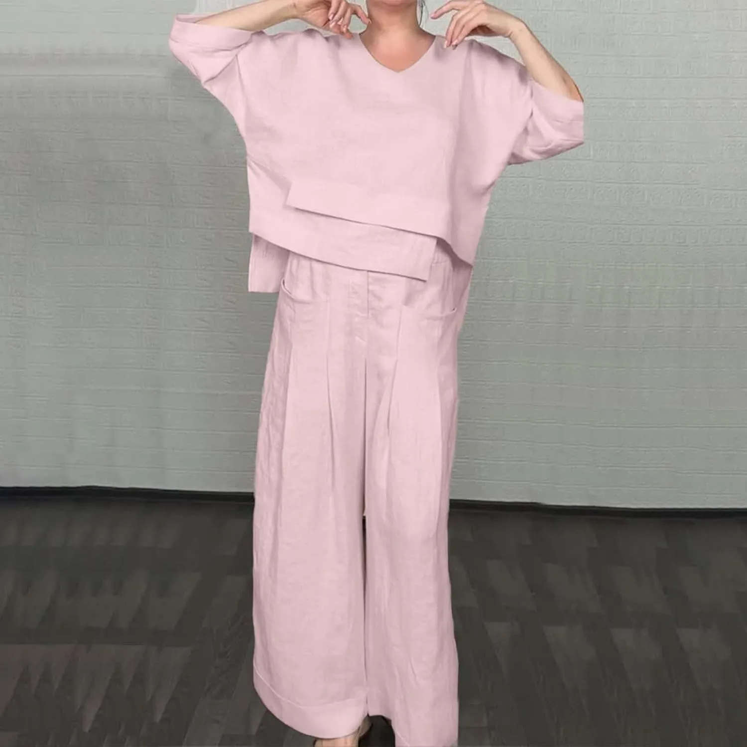 Summer Linen Sets for Women 2 Piece Linen Suit Pants Two Piece Long Sleeve Maxi Dress and Wide Leg Pant Set Outfits