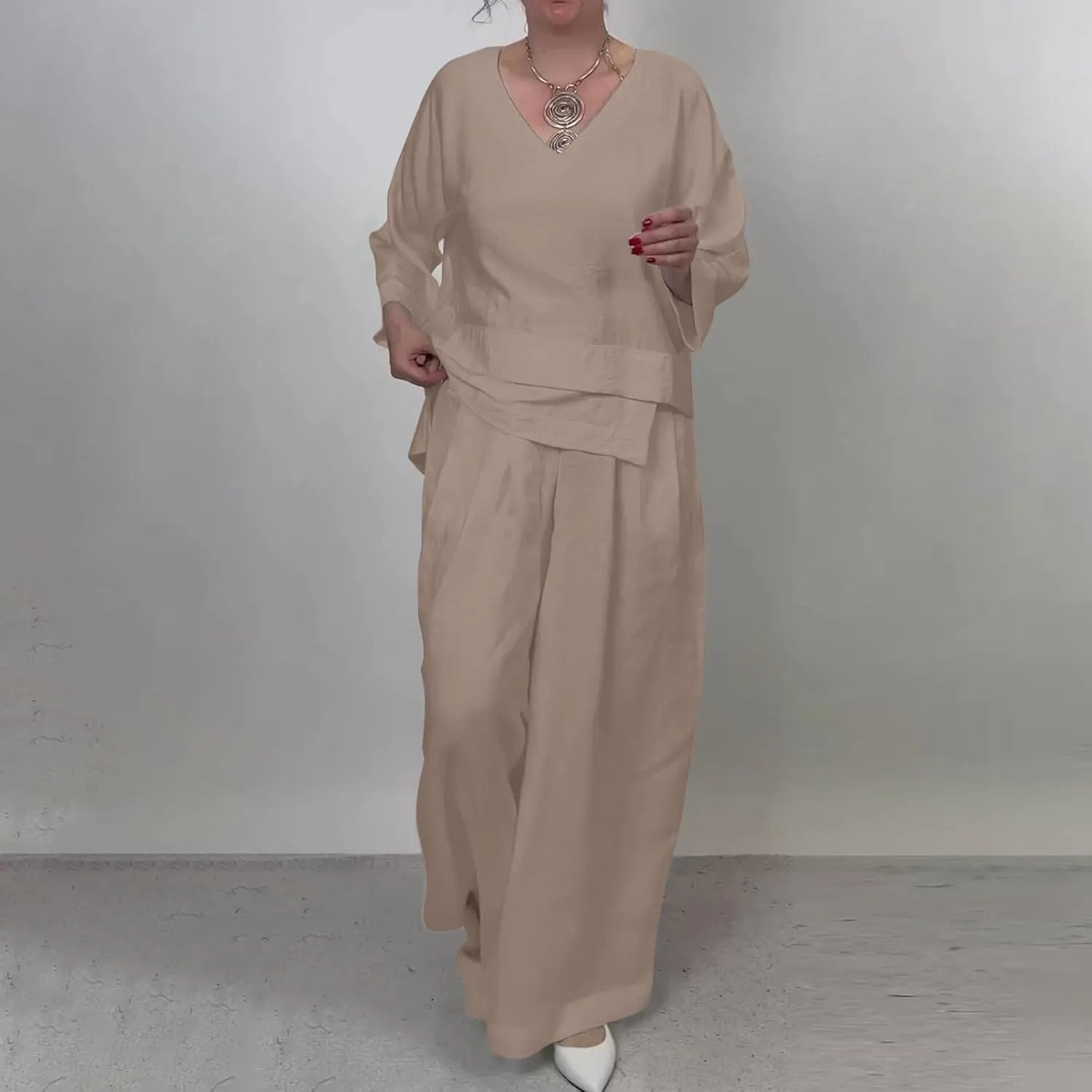 Summer Linen Sets for Women 2 Piece Linen Suit Pants Two Piece Long Sleeve Maxi Dress and Wide Leg Pant Set Outfits