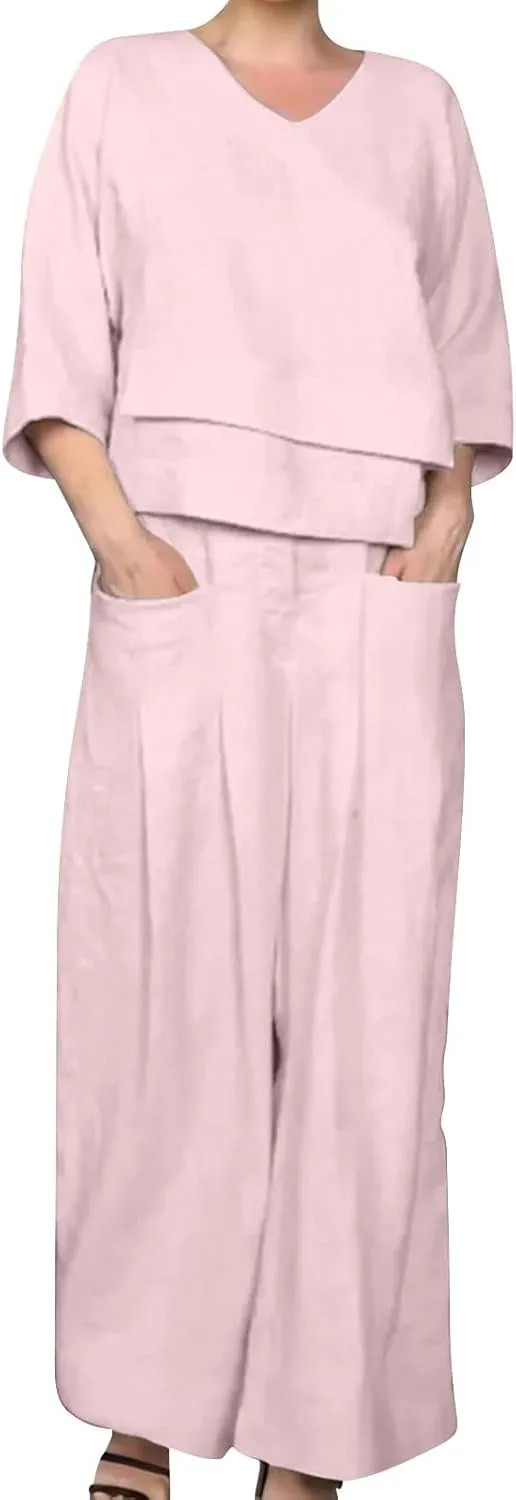 Summer Linen Sets for Women 2 Piece Linen Suit Pants Two Piece Long Sleeve Maxi Dress and Wide Leg Pant Set Outfits